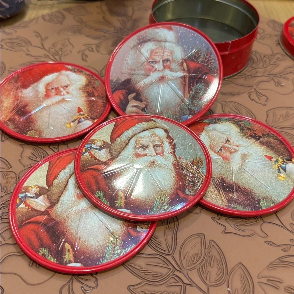Vtg Tin Santa Claus Coasters, Christmas Lidded 5/ Container ~Holiday Round 3.5”